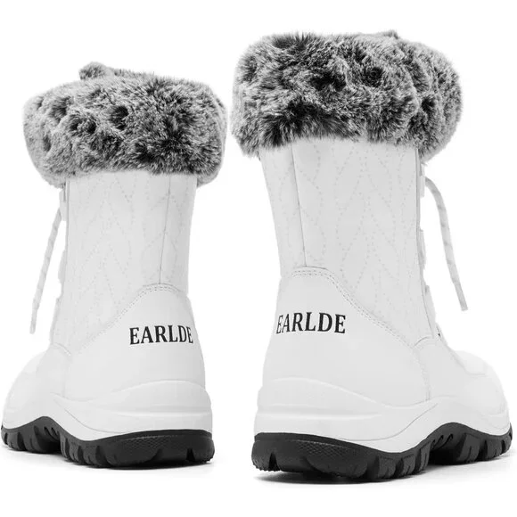 Women’s White Wheat Strip Waterproof Snow Boots Mid-Calf Faux Fur Lined Non-Slip
